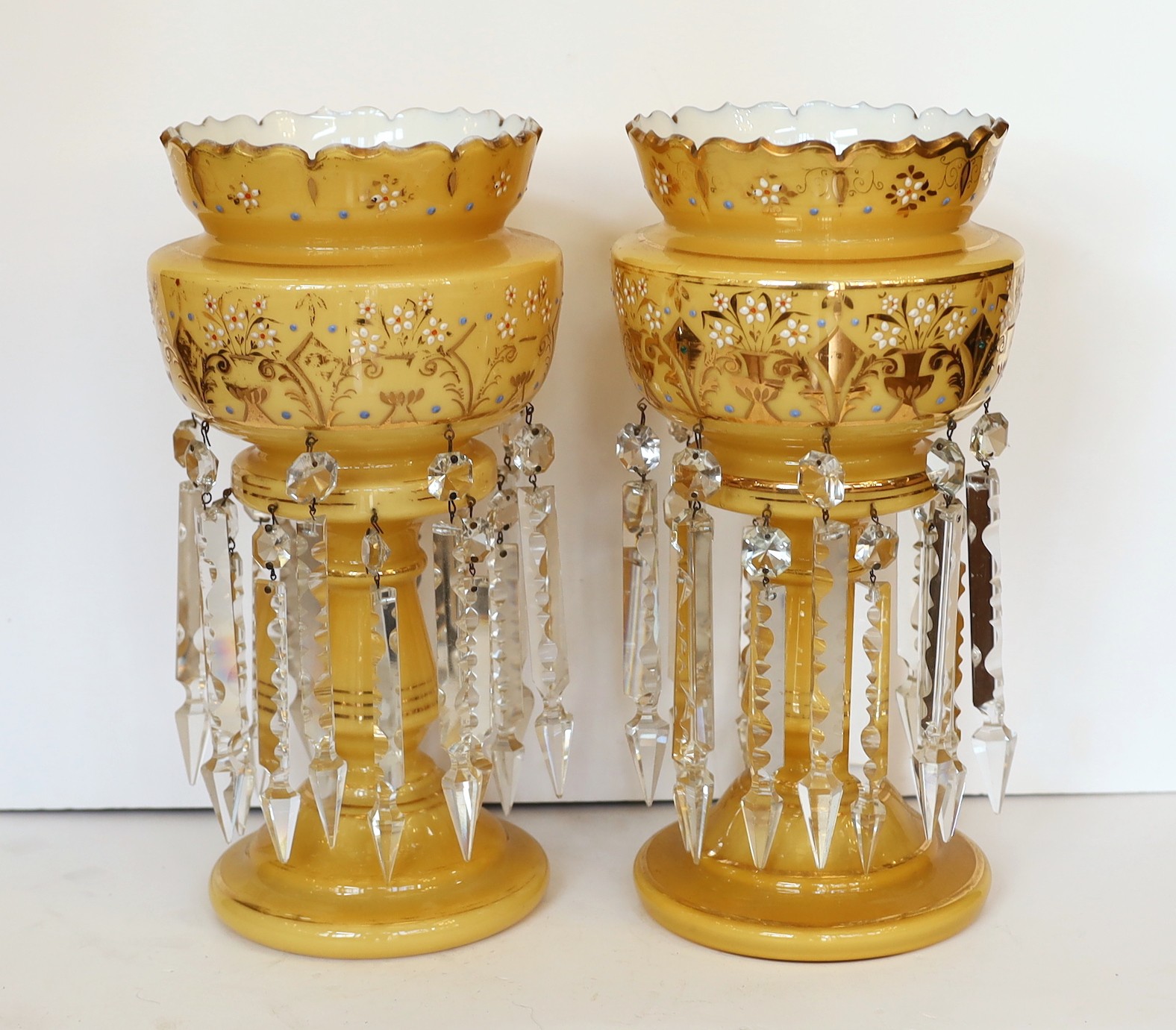 A pair of late 19th century Bohemian opaque glass lustres with enamelled and gilt floral decoration, - Image 2 of 3