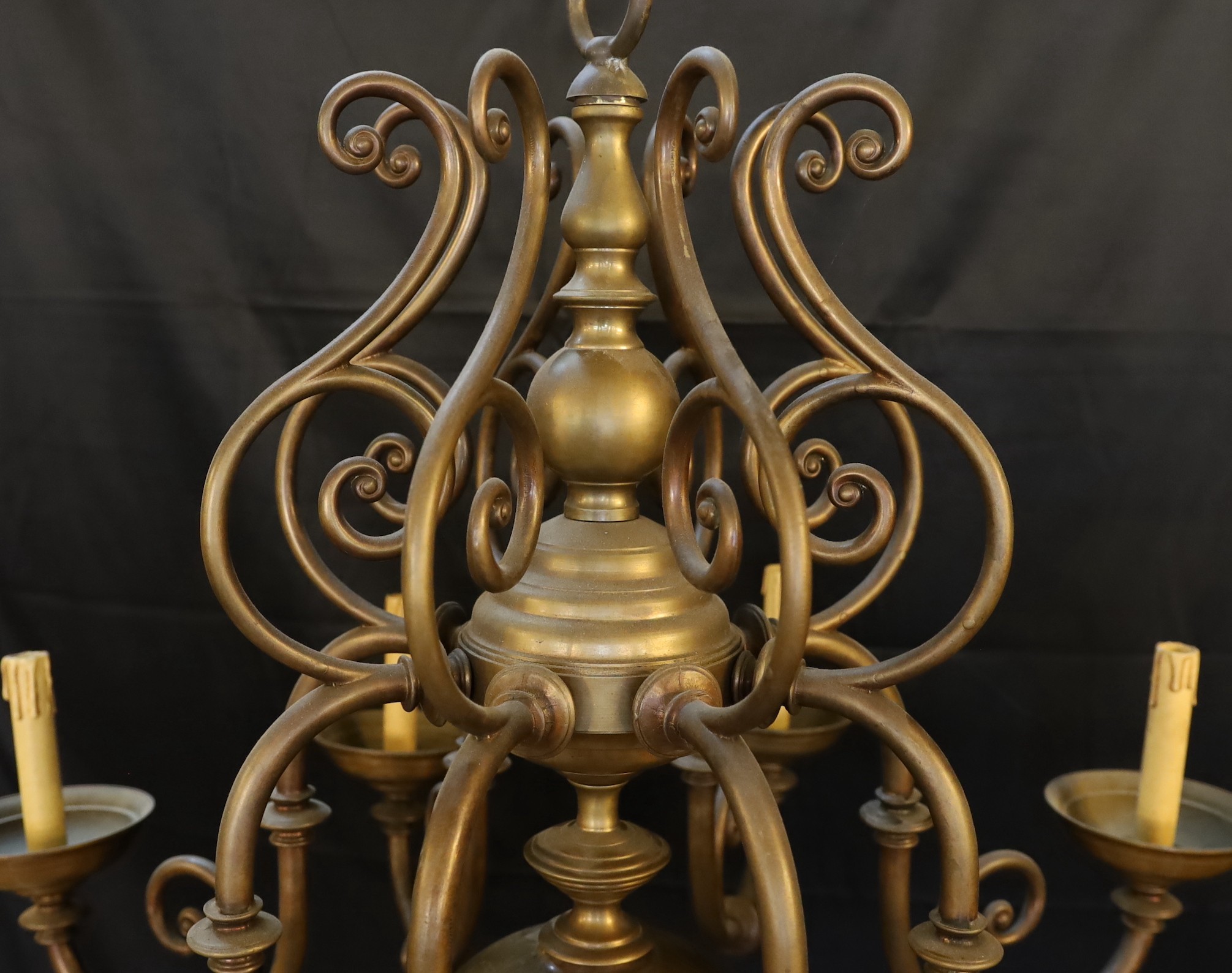 An early 20th century 17th century Dutch style brass eight light chandelier, height 82cm width - Image 4 of 4