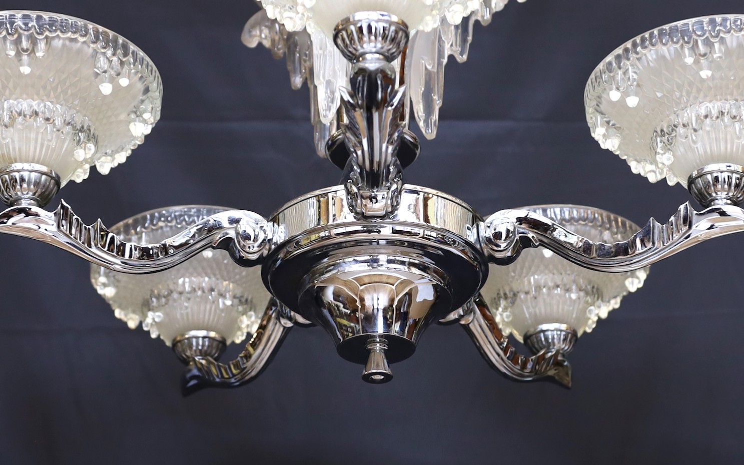 A French Art Deco chrome plated and glass five light chandelier, with scrolling branches and ' - Image 3 of 4