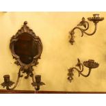 A pair of English Arts & Crafts brass candle sconces and a bronze girandole, height 18cm and