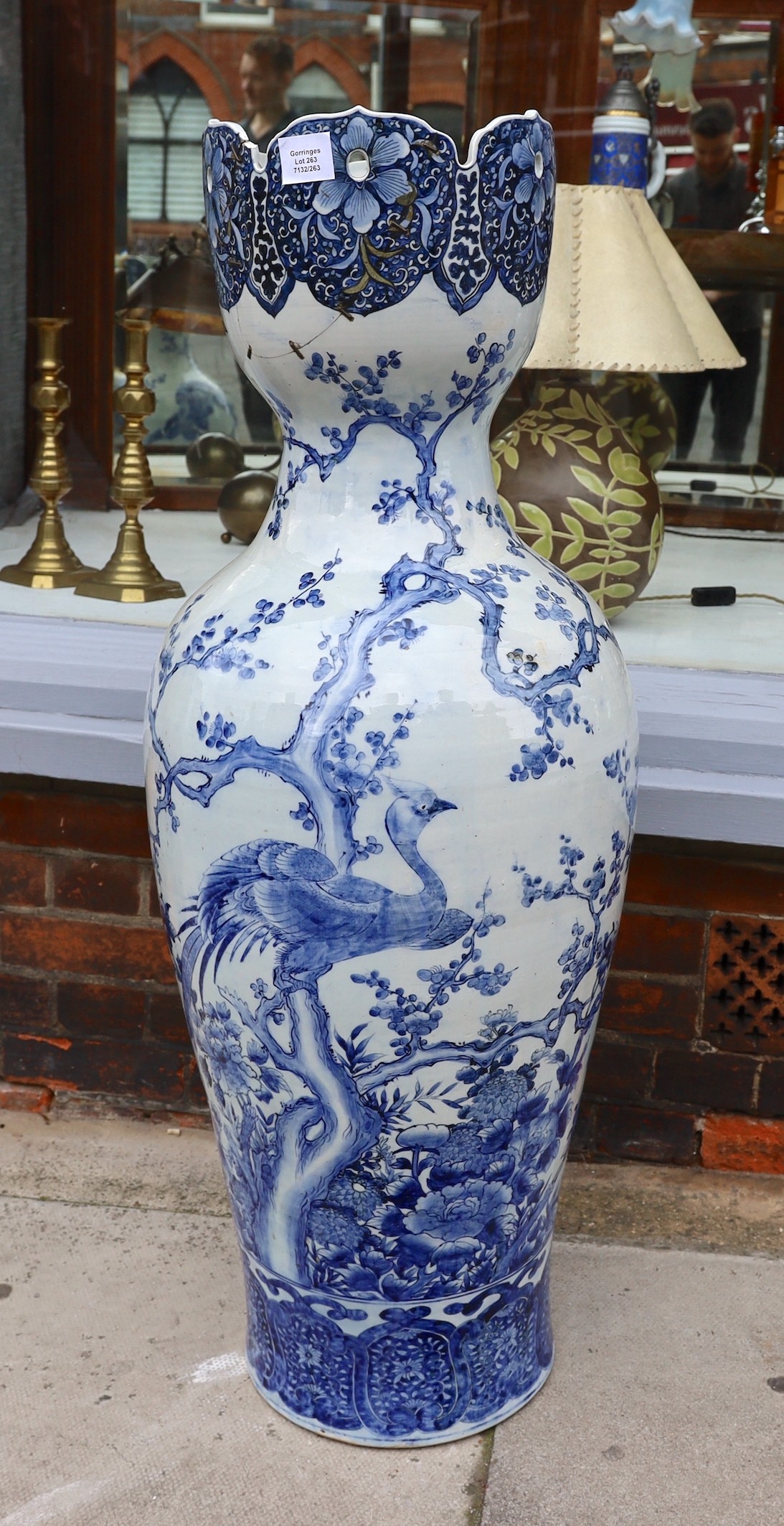 A large Chinese blue and white vase with lobed pierced rim, decorated with exotic birds on prunus - Image 3 of 4