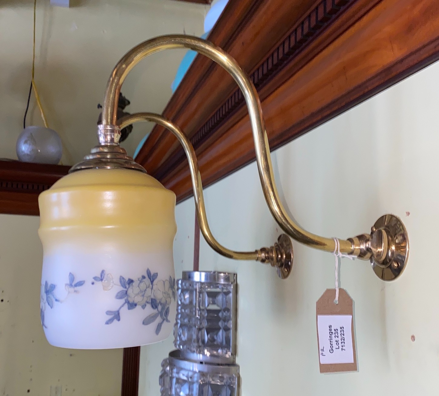 A pair of English brass gasolier wall lights with floral painted opaque wall glass shades, height - Image 2 of 2