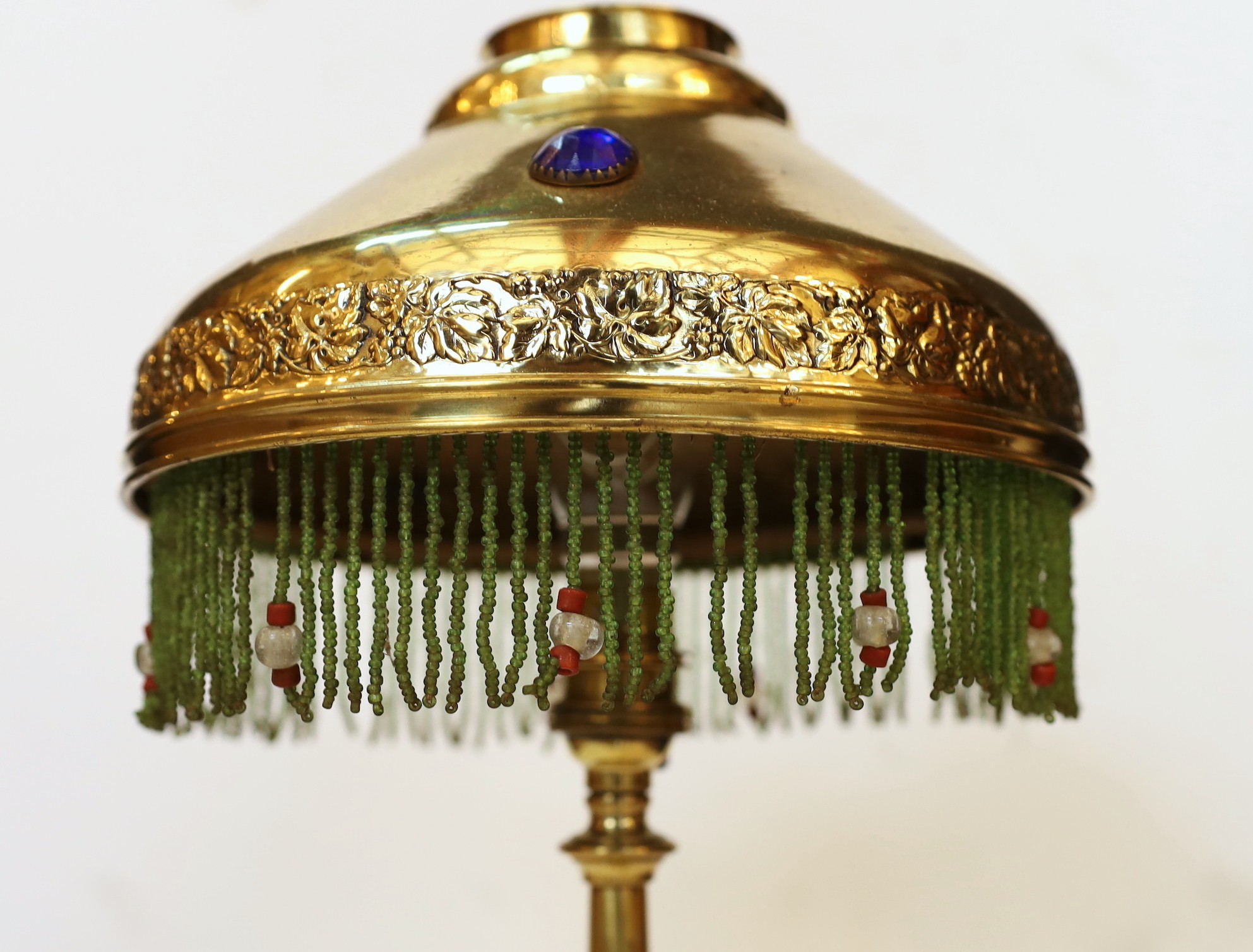 An early 20th century English brass table lamp, the jewelled shade with glass bead fringe, height - Image 3 of 4