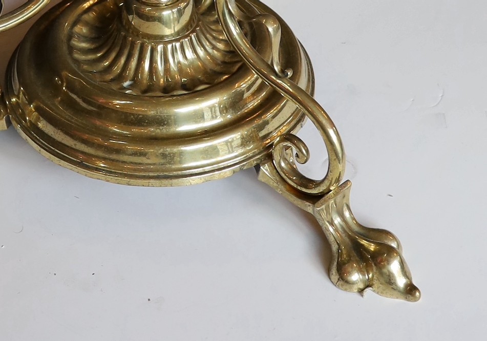 An Edwardian brass telescopic oil lamp standard, with later edged cranberry glass shade and duplex - Image 2 of 4