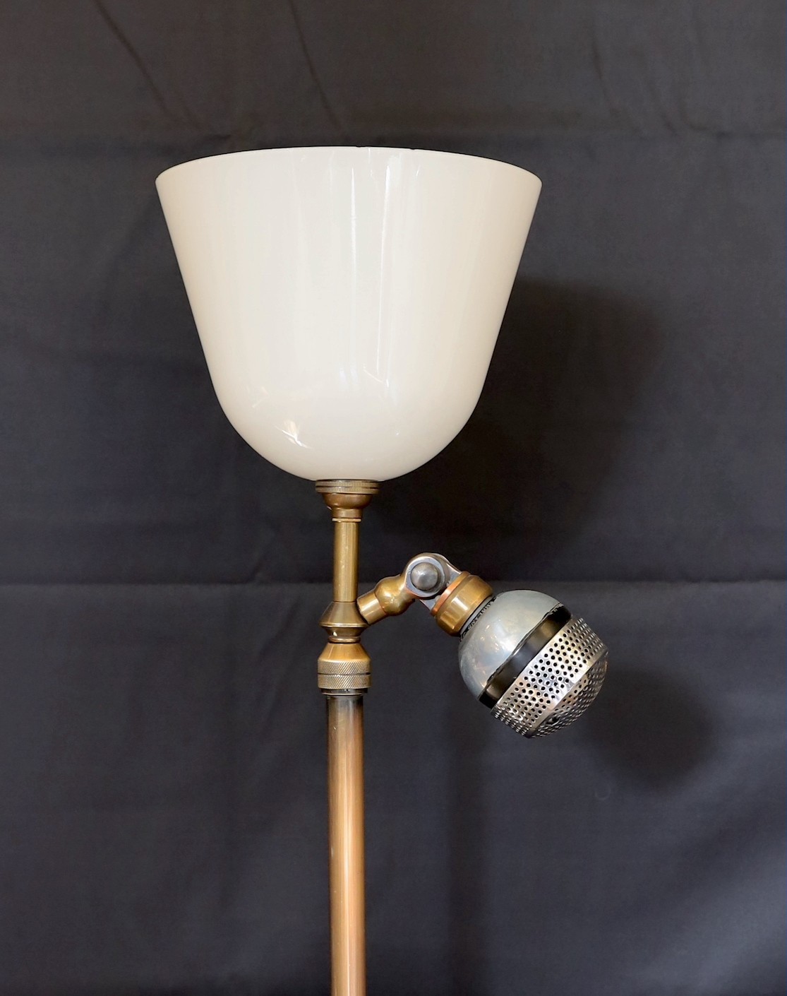 A 1920s BBC microphone converted to a table lamp, with loaded brass base and opaque white glass up - Image 2 of 4