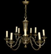 A 1920s French silver bronze nine light chandelier, drop 74cm. width 66cm