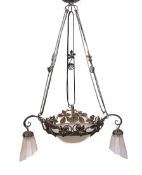 A 1930s French wrought iron and frosted glass light fitting, signed Genet & Michon, height 105cm.