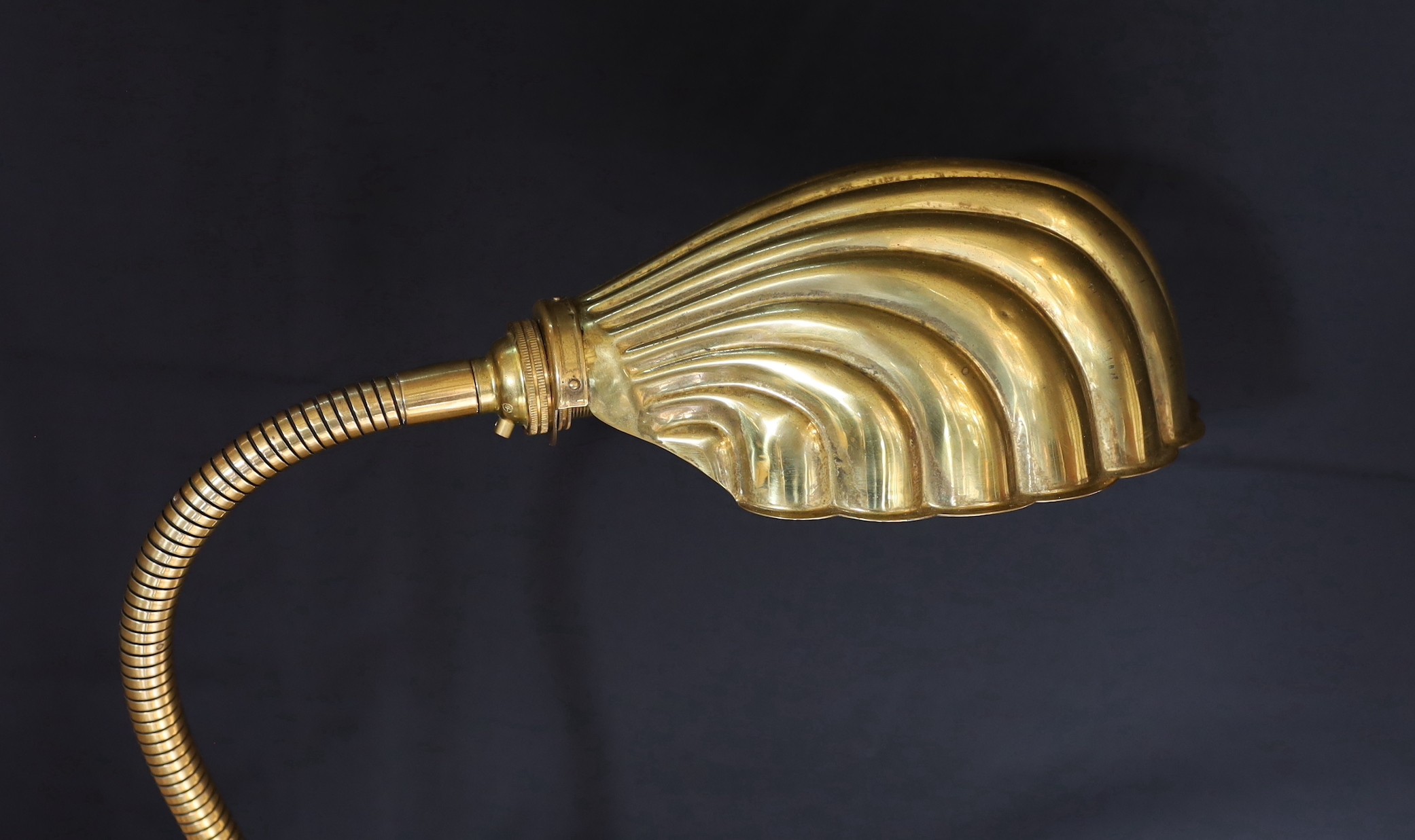 A 1930s English brass adjustable desk lamp, with flexible stem and scalloped shaped shade, height - Image 3 of 4