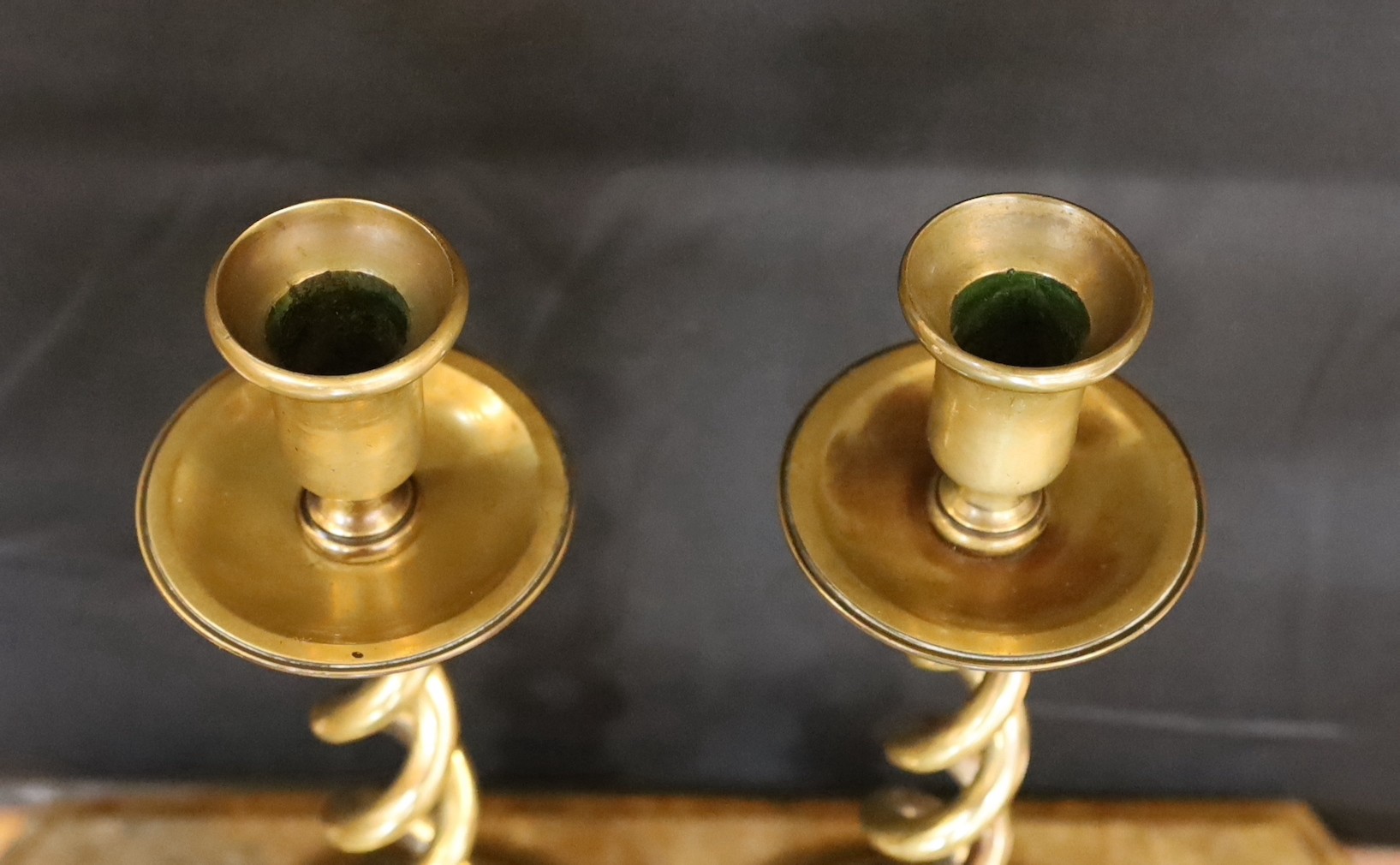 A pair of Victorian brass spiral twist candlesticks and a later seven light candelabrum, - Image 4 of 4