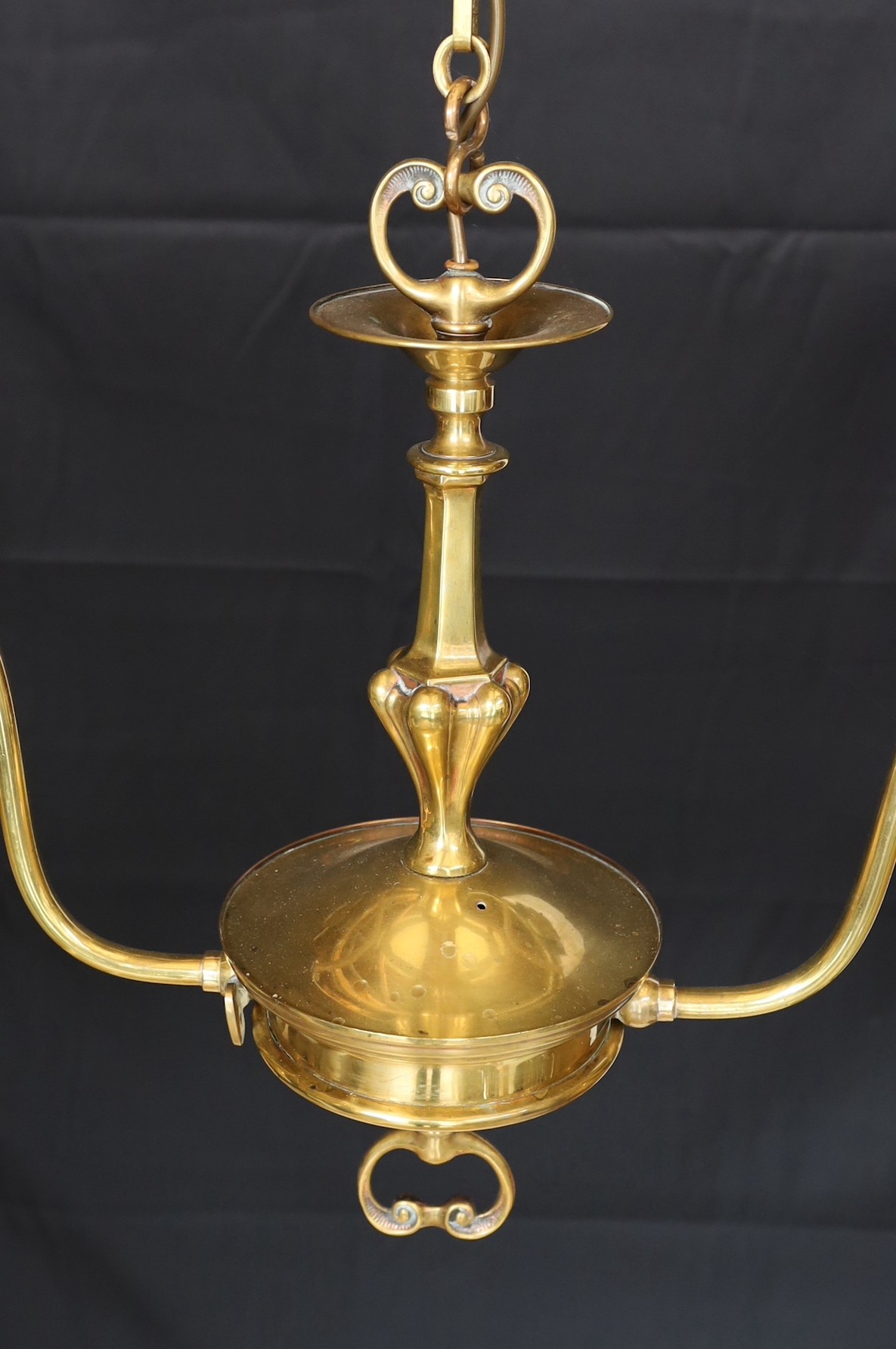 An early 20th century English brass twin branch light fitting with amber tinted tall glass shades - Image 4 of 4