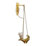 A 1930s English brass genie lamp with Osler cut glass shade and wall bracket, drop 53cm