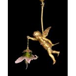 A 1920s English gold painted spelter Cupid light fitting with coloured glass shade, height 54cm.