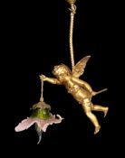 A 1920s English gold painted spelter Cupid light fitting with coloured glass shade, height 54cm.