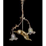 A 1920s French gilt bronze and wrought iron ceiling light with putto and rose motifs, drop 71cm.