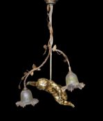 A 1920s French gilt bronze and wrought iron ceiling light with putto and rose motifs, drop 71cm.