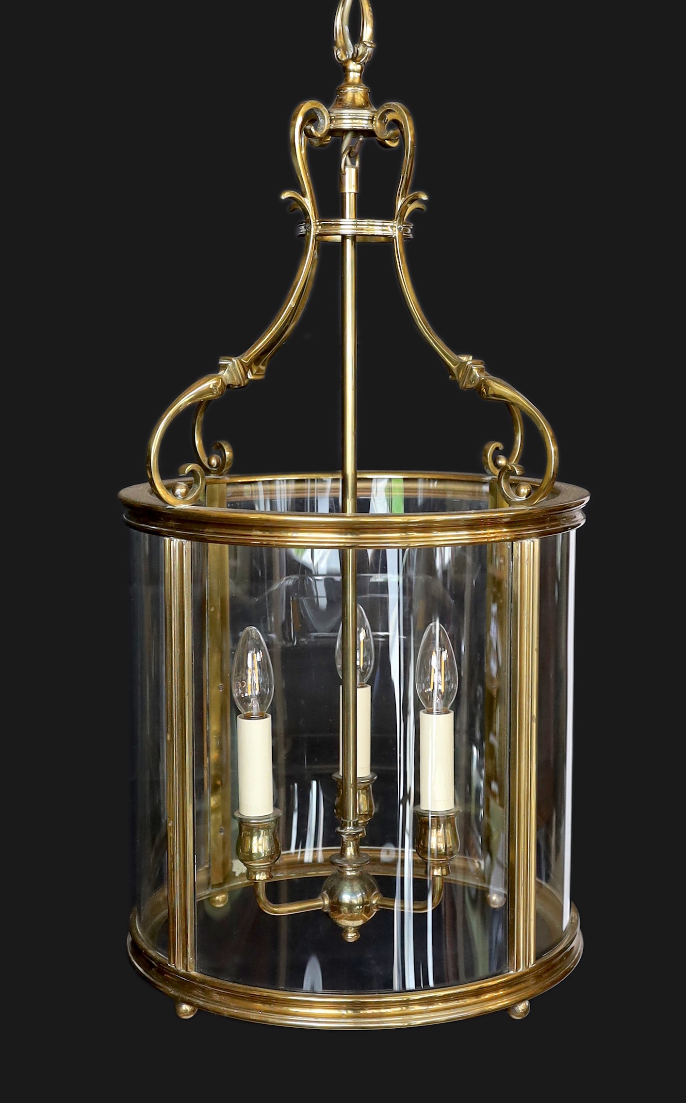 A large Georgian style brass hall lantern with internal bulb holder, height 79cm. diameter 38 cm***