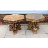 A near pair of 1960’s Italian carved giltwood occasional tables, with hexagonal marble tops and