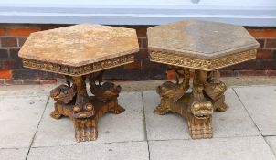 A near pair of 1960’s Italian carved giltwood occasional tables, with hexagonal marble tops and