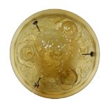 A 1920s French moulded amber glass light bowl, decorated with roses, with chain set and ceiling