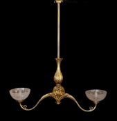 A mid 19th century brass twin branch gasolier with etched crystal glass shades, drop 100cm. width