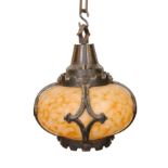 A cast iron and marbled glass light fitting with chunky chain, height 45cm. width 30cm