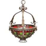 An English Arts & Crafts wrought iron and stained glass basket shaped light fitting, height 70cm