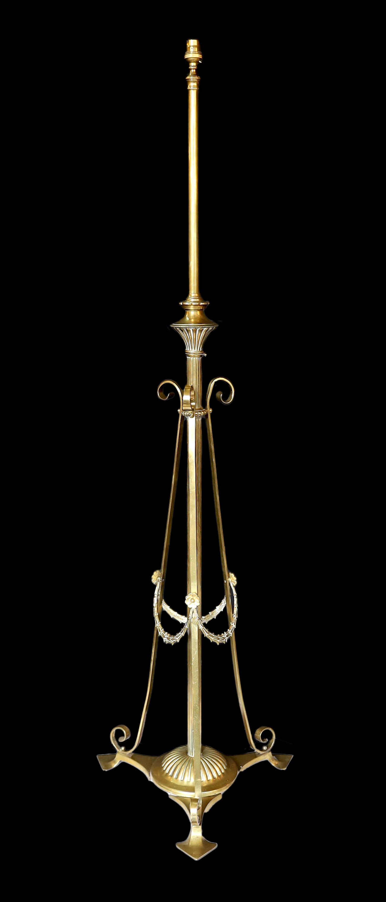 A late 19th century English brass telescopic lamp standard, height 146cm. width of base 43cm.***