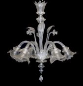 A Venetian clear glass six light chandelier with ornate foliage and flower motifs, height 85cm.