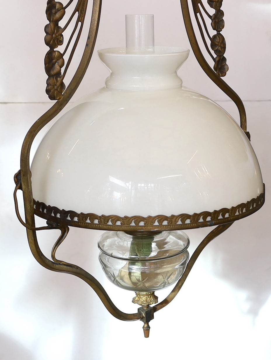 A late 19th century French bronze and cut glass hanging oil lamp with opaque glass shade, drop - Image 2 of 4