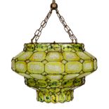 A 1930s Venetian panelled green glass light fitting with central light bulb holder, drop from rose