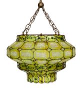 A 1930s Venetian panelled green glass light fitting with central light bulb holder, drop from rose