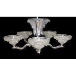 A French Art Deco chrome plated and glass five light chandelier, with scrolling branches and '