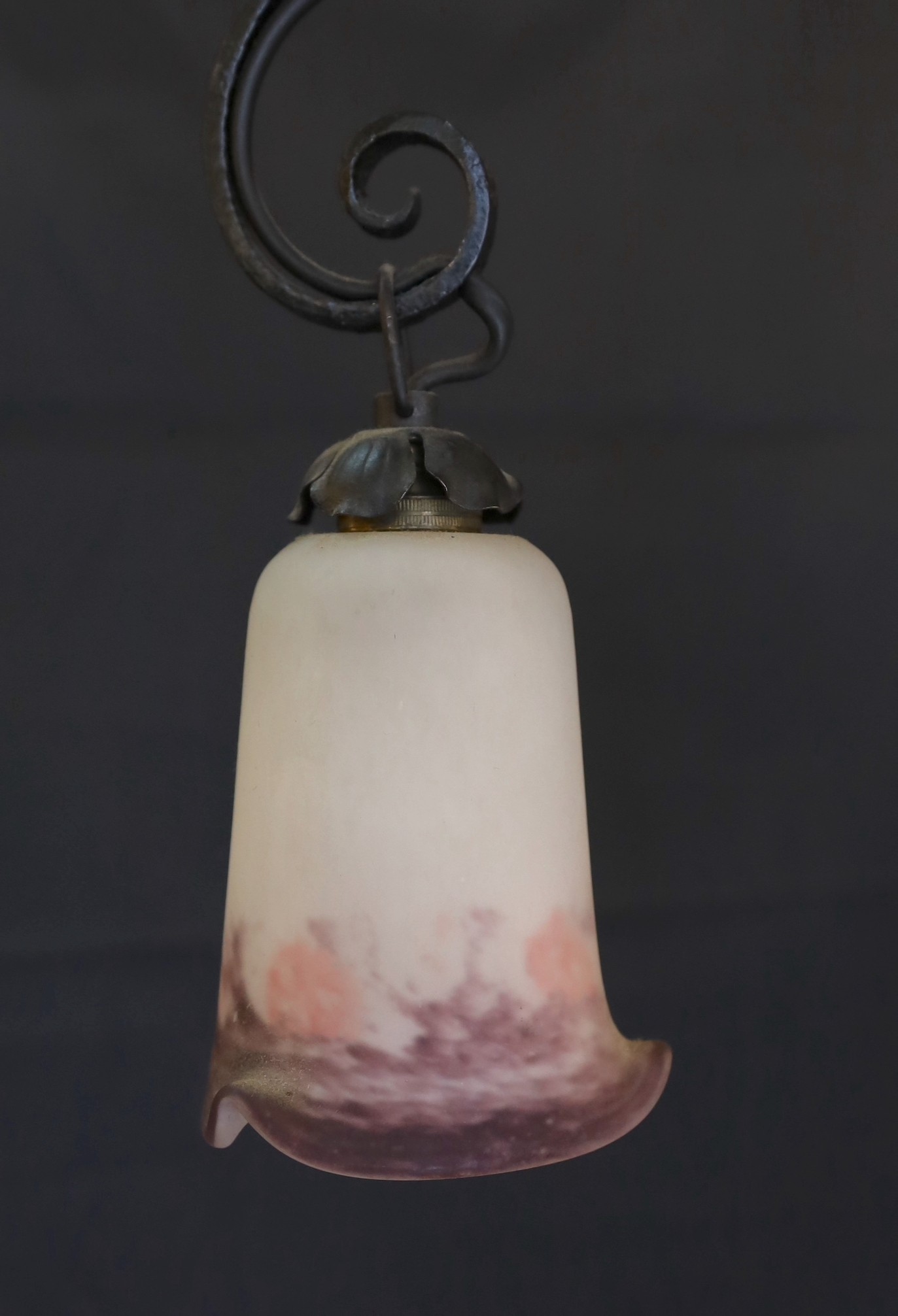 A 1920s French wrought iron three branch light fitting with marbled and frosted glass shades, height - Image 2 of 3