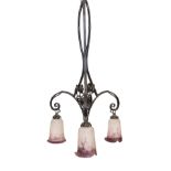 A 1920s French wrought iron three branch light fitting with marbled and frosted glass shades, height