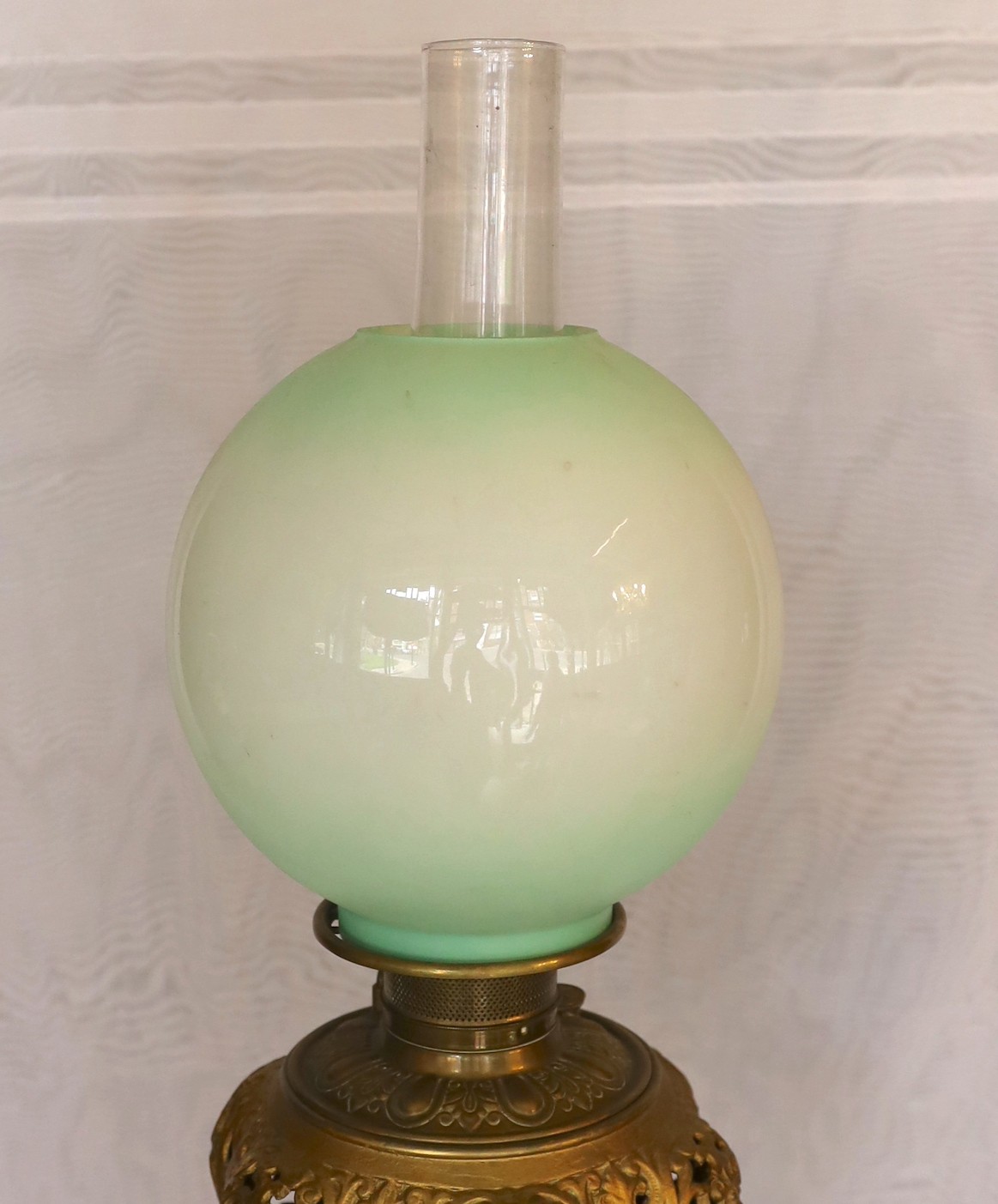 A late 19th century English pierced brass green onyx and glass lamp standard etagere, height overall - Image 5 of 5