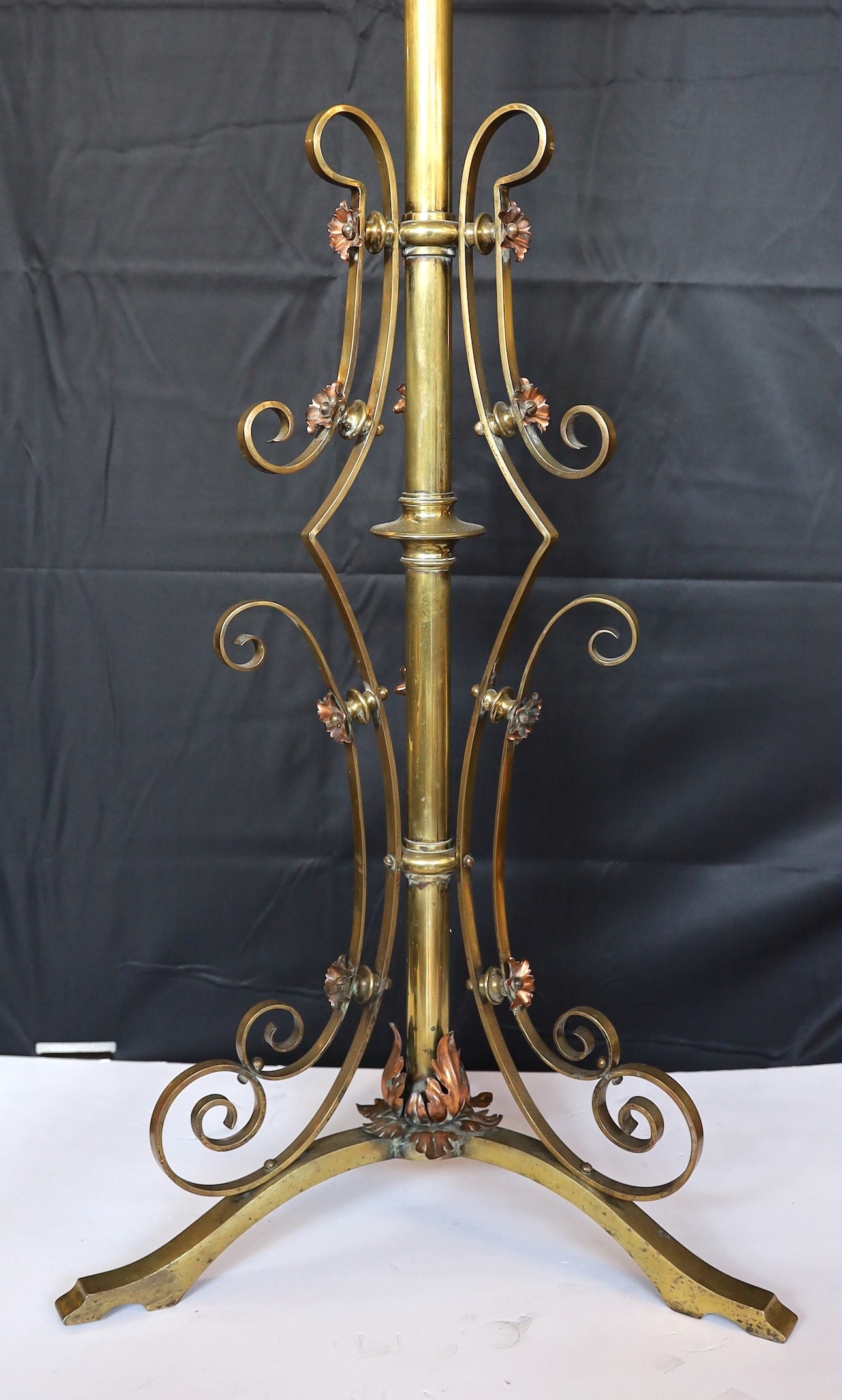 A late 19th century English brass and copper telescopic lamp standard, converted to electricity, - Image 2 of 3
