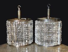 A pair of 1940s style moulded crystal glass and bronze metal ceiling lights, height overall 34cm.