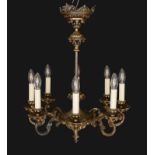 An early 20th century Austrian bronze eight light chandelier, with scrolling branches and