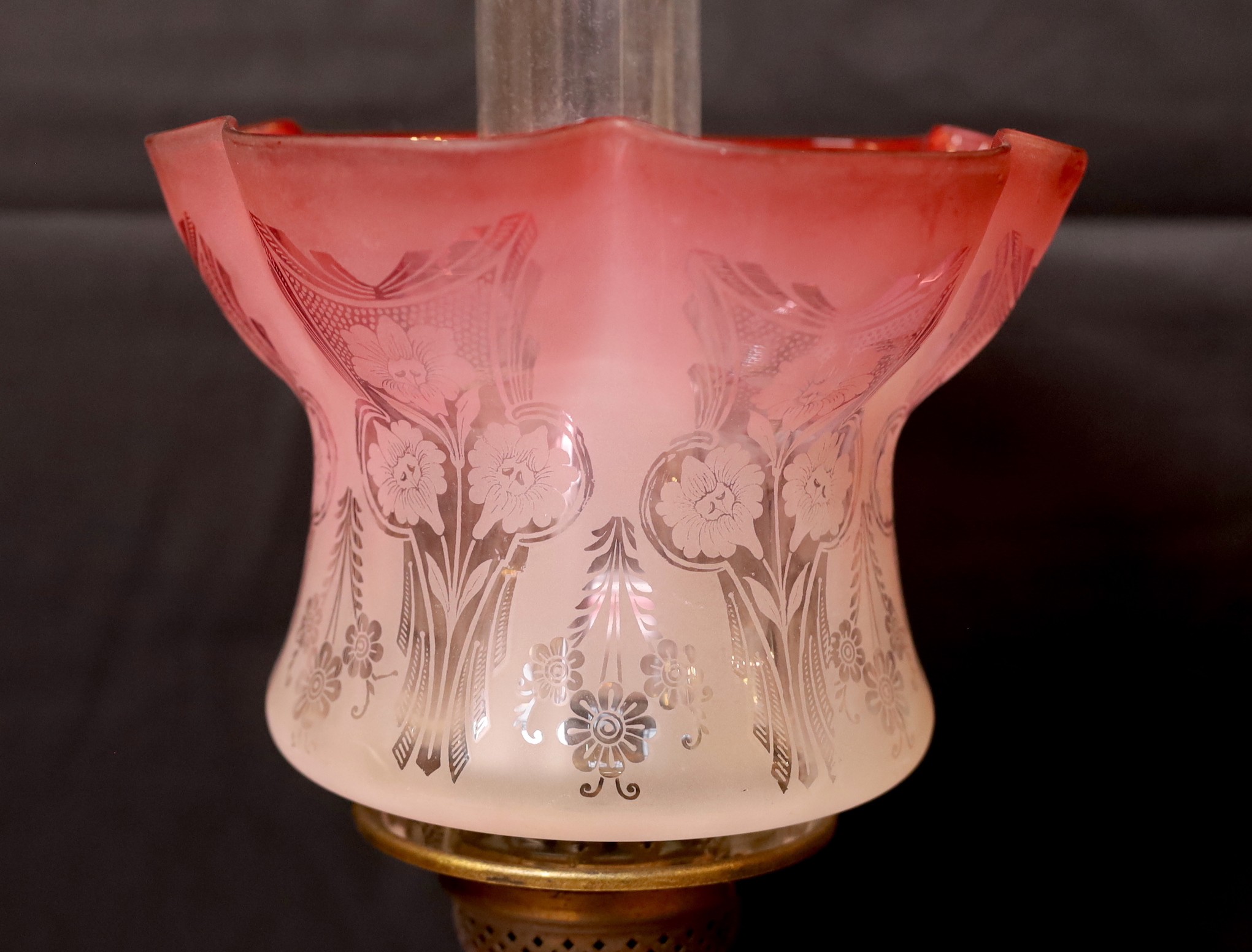 A late Victorian brass and pink opaque glass oil lamp with tinted frosted shade, height overall - Image 2 of 4