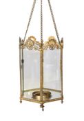 A mid 19th century English hexagonal brass hall lantern with scroll moulded frame, drop from rose