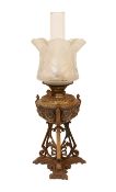 A Victorian bronze Renaissance revival oil lamp, decorated with masks and scrolls, with duplex