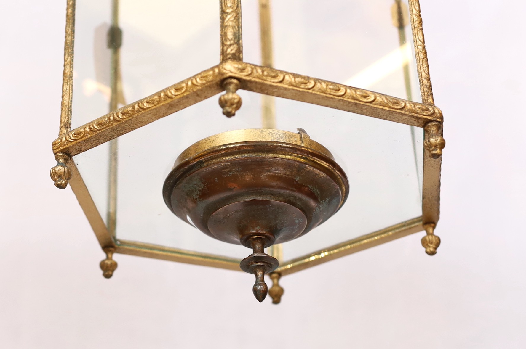 A mid 19th century English hexagonal brass hall lantern with scroll moulded frame, drop from rose - Image 3 of 3