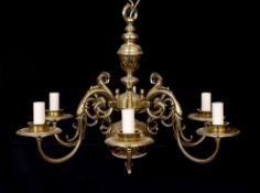 A pair of Dutch 17th century style lacquered bronze six light chandeliers, height 50cm. width