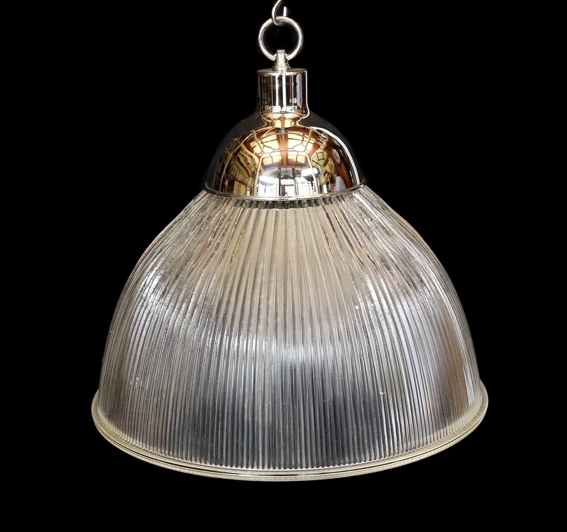 A pair of industrial style chrome plated ceiling lights with ribbed glass shades, signed Endural, - Image 2 of 4