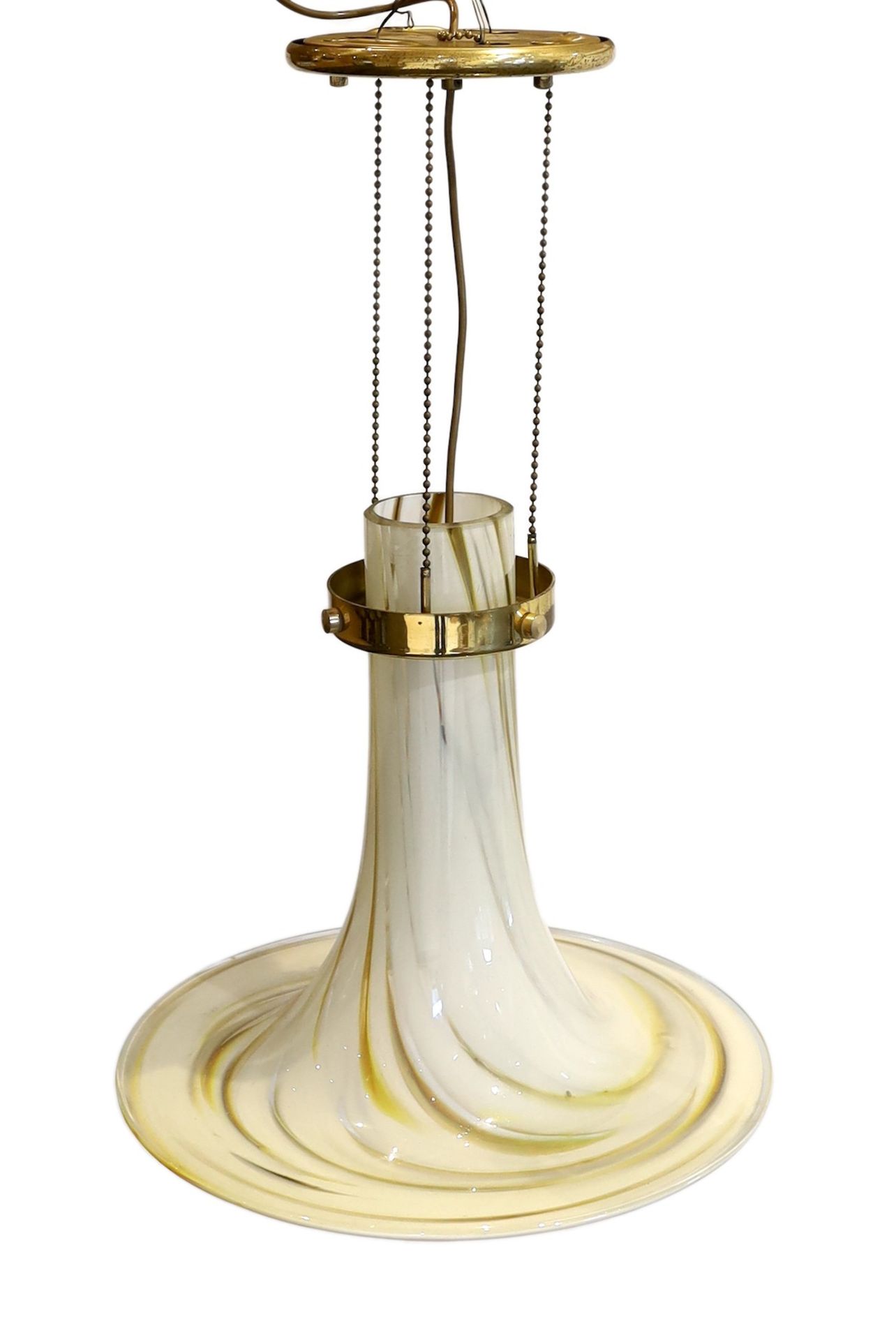 A 1960s Italian lacquered brass and marbled glass pendant ceiling light, height 64cm. diameter