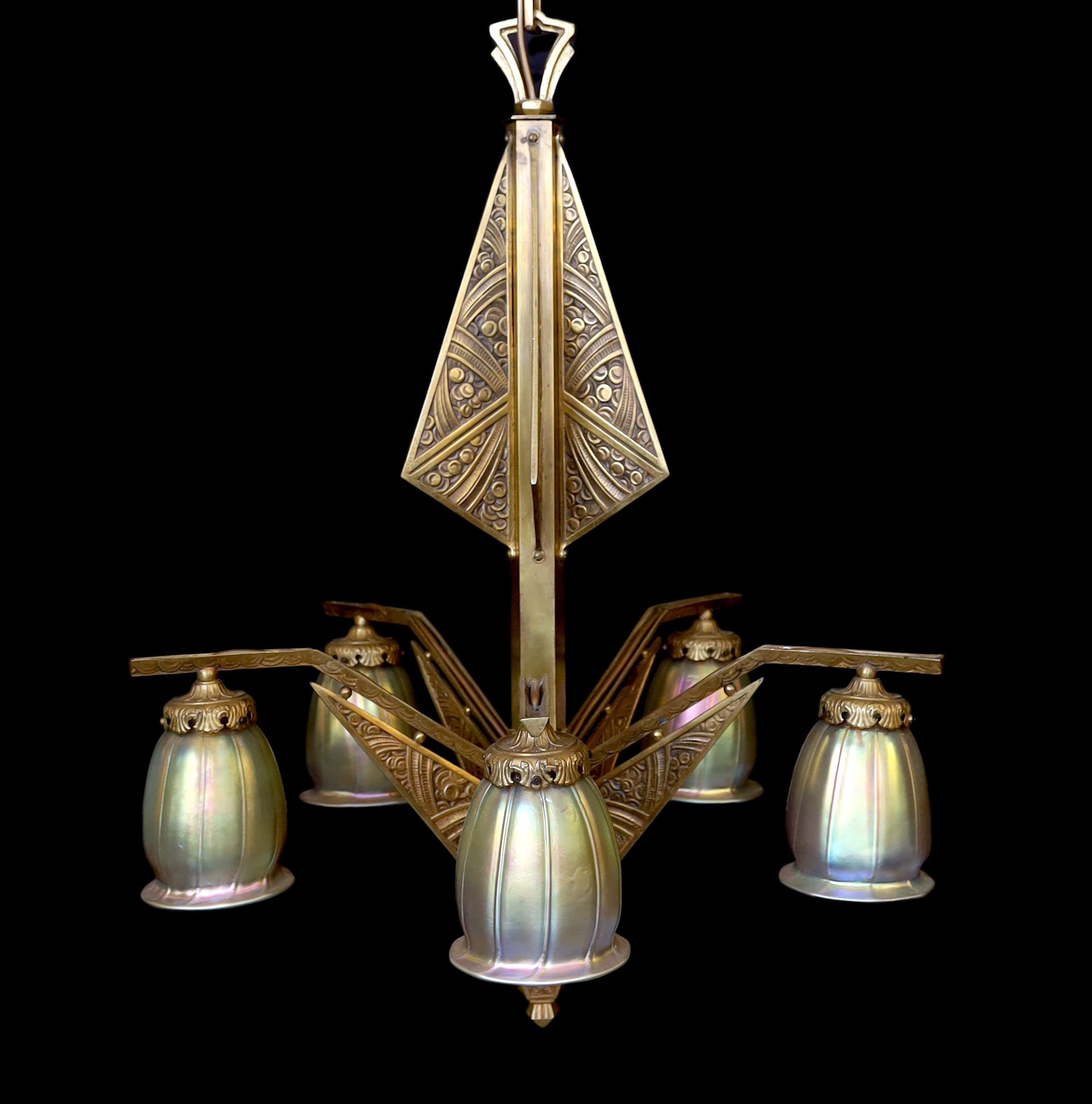 A French Art Deco Valinale de Sevres gilt bronze five light chandelier, of stylish geometric