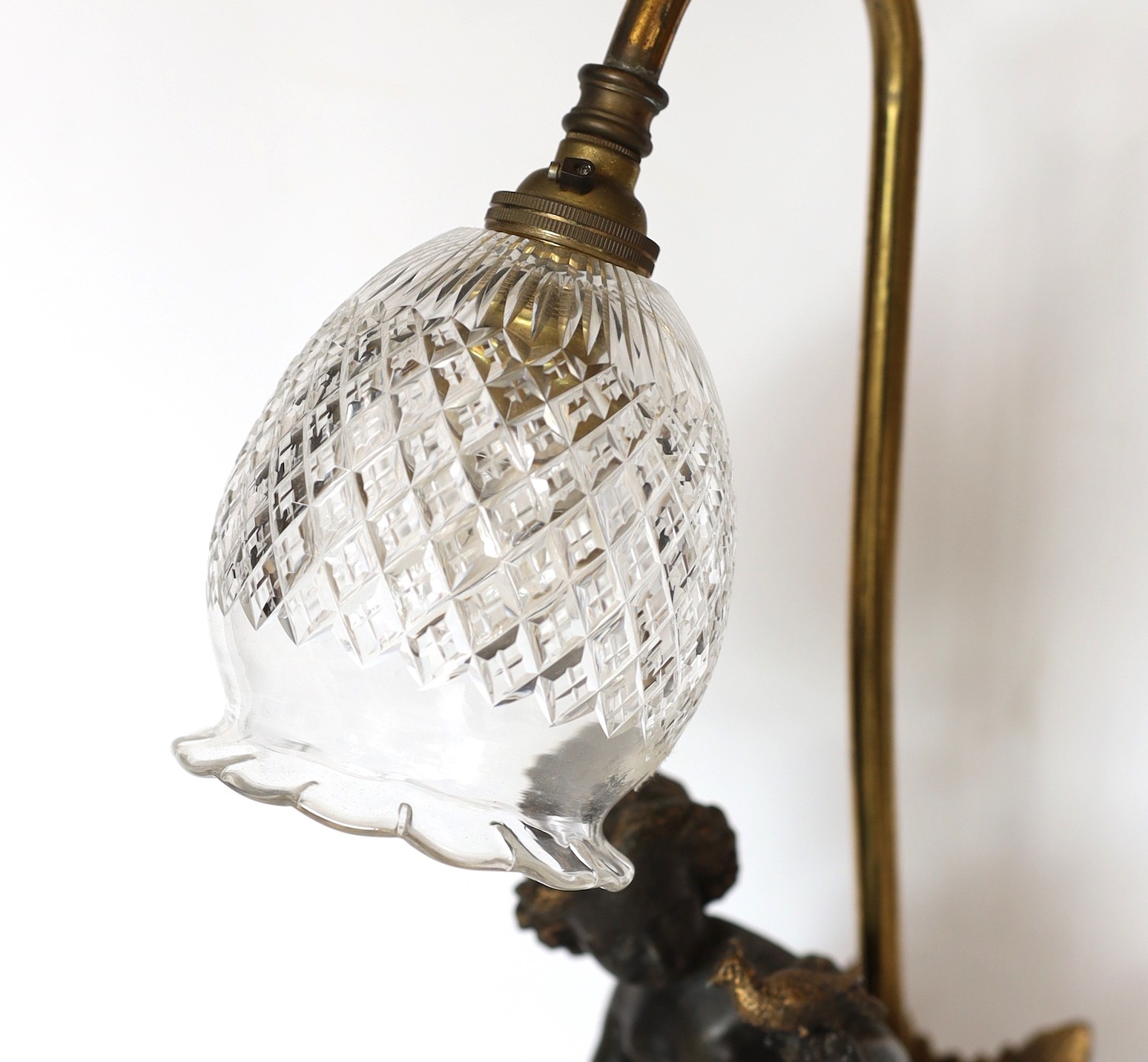 An Edwardian bronze spelter and brass table lamp with cut glass shade, height 46cm - Image 2 of 3