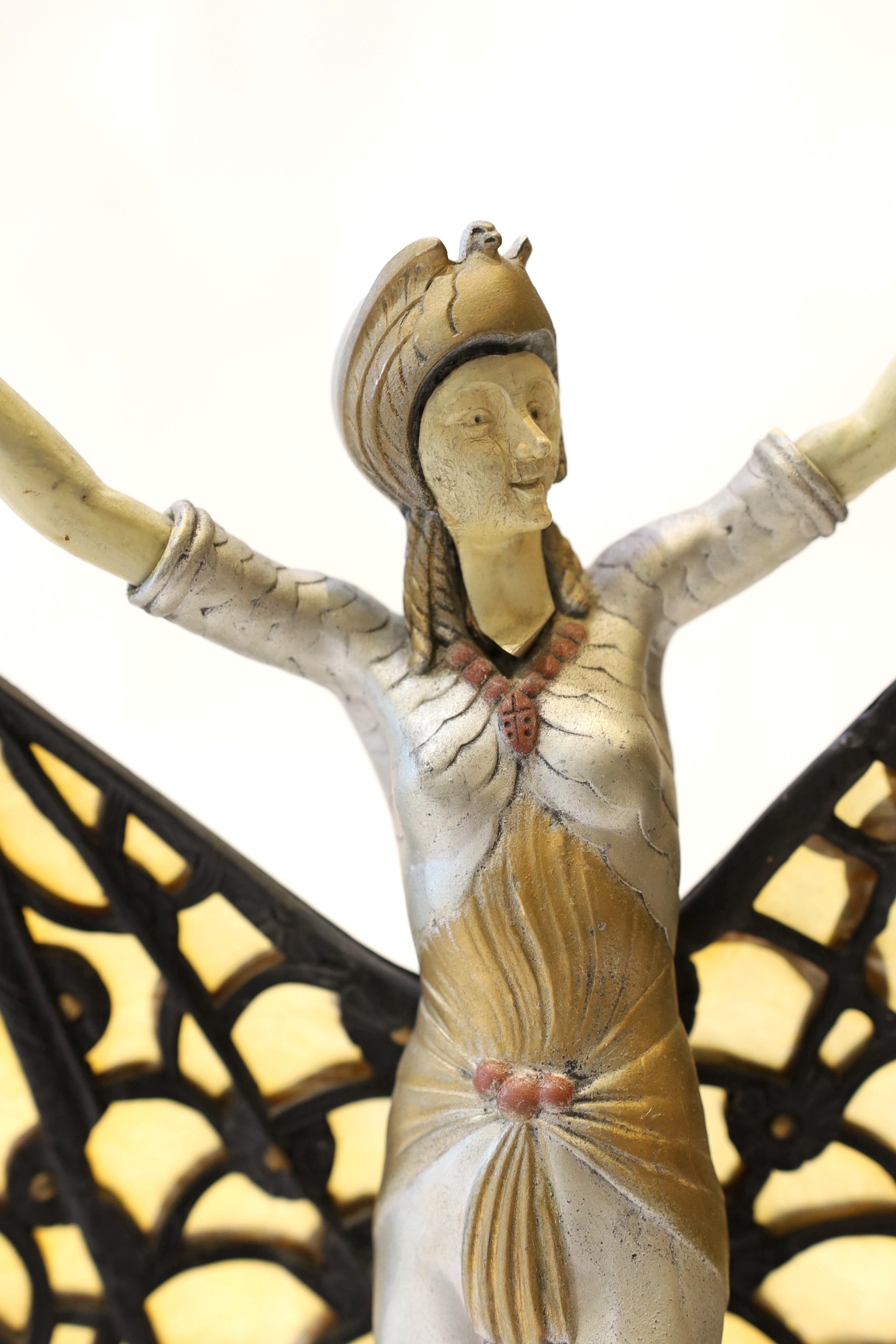 A 1920s French composition and metal butterfly dancer table lamp, on marble plinth, height 42cm - Image 2 of 5