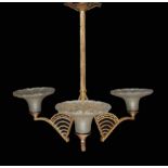 A 1920s French gold painted wrought iron light fitting with iridescent glass shades, height 62cm.