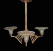 A 1920s French gold painted wrought iron light fitting with iridescent glass shades, height 62cm.